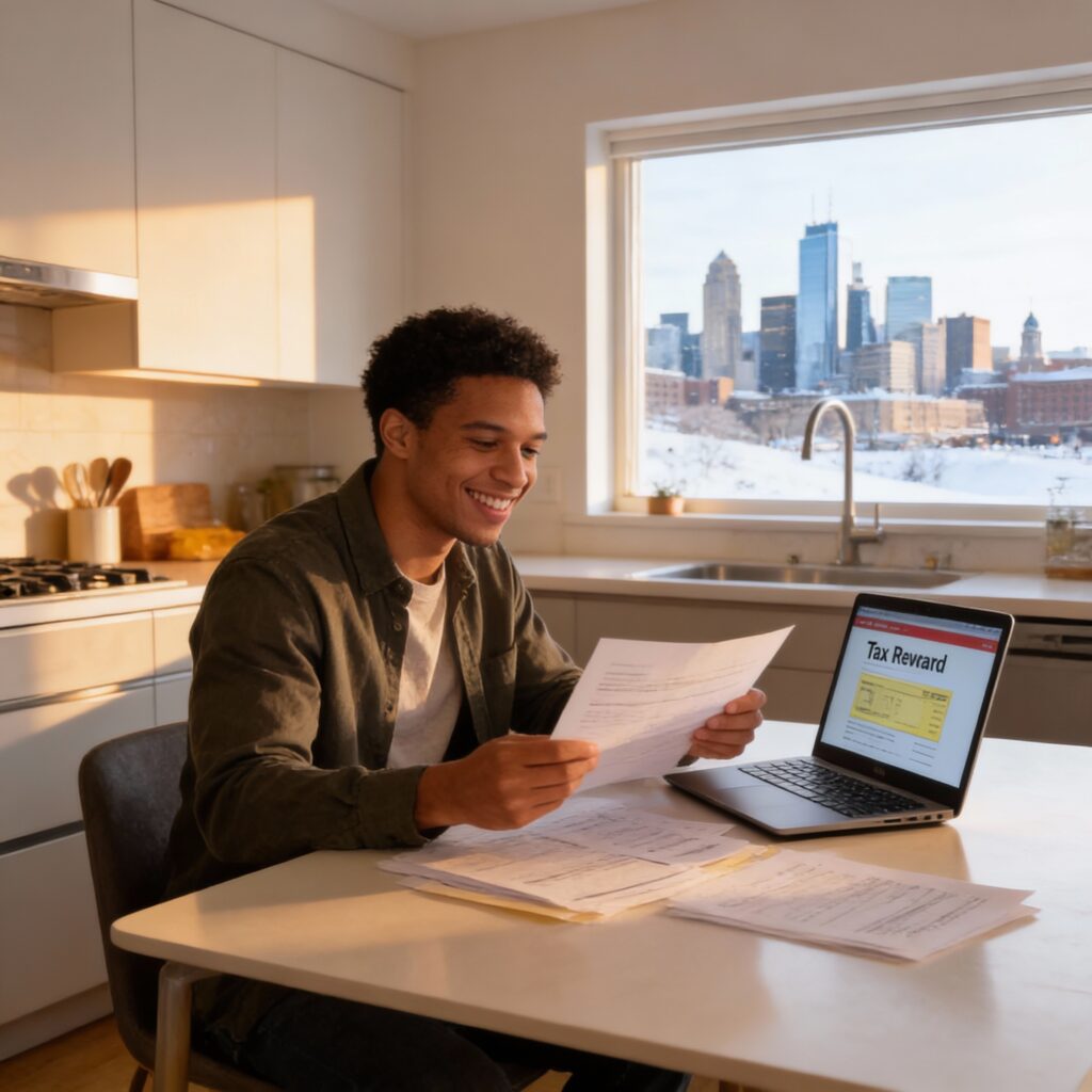 Minnesota renter reviewing tax documents to claim the Renter's Credit refund in a modern Twin Cities apartment