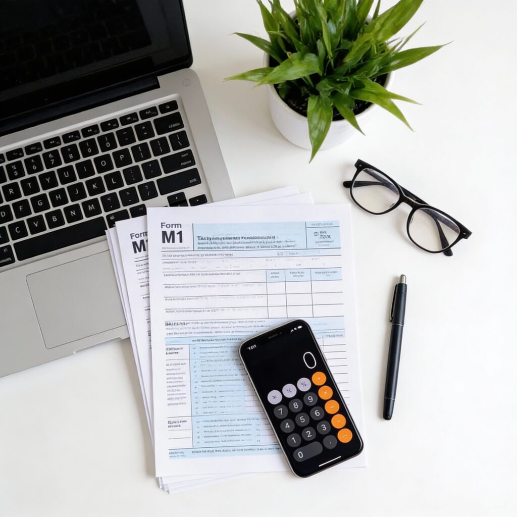 Tax preparation documents and tools needed to file for the Minnesota Renter's Credit including Form M1 and Schedule M1RENT